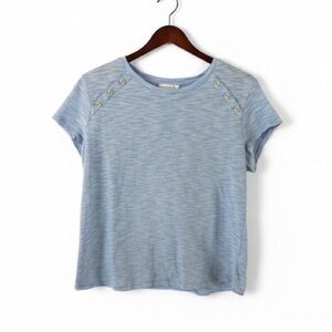 Liz Claiborne Light Blue and White Striped Short Sleeve Top